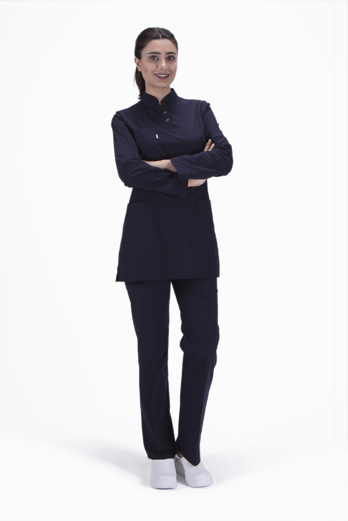 Lacivert Uzun Kollu Hakim Yaka Hemşire Forması 