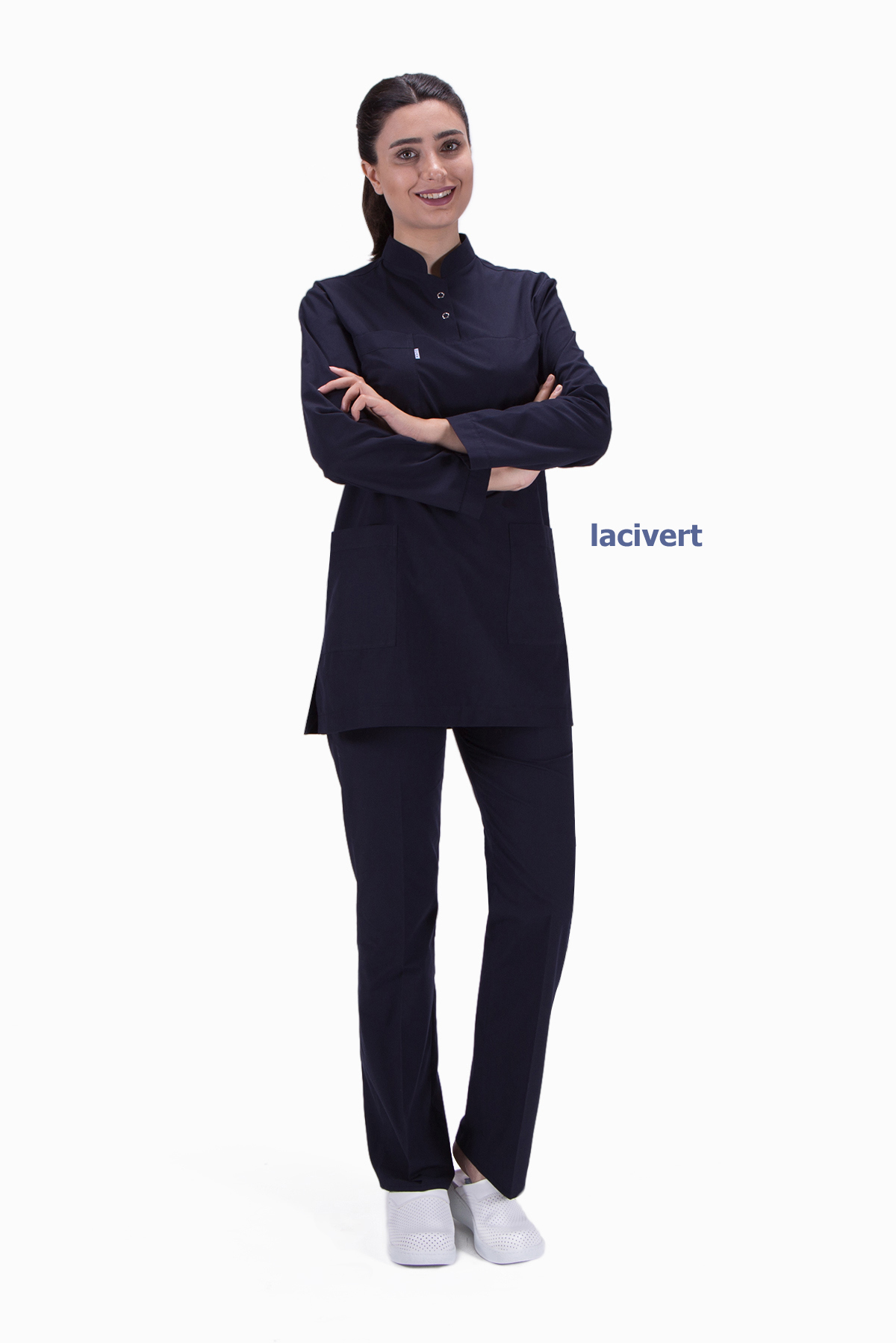 Lacivert Uzun Kollu Hakim Yaka Hemşire Forması 