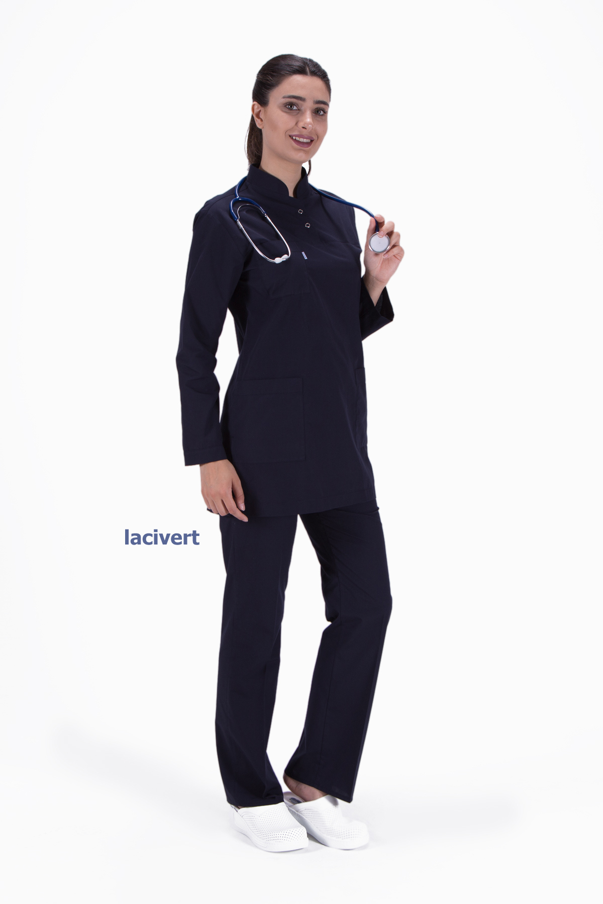 Lacivert Uzun Kollu Hakim Yaka Hemşire Forması 