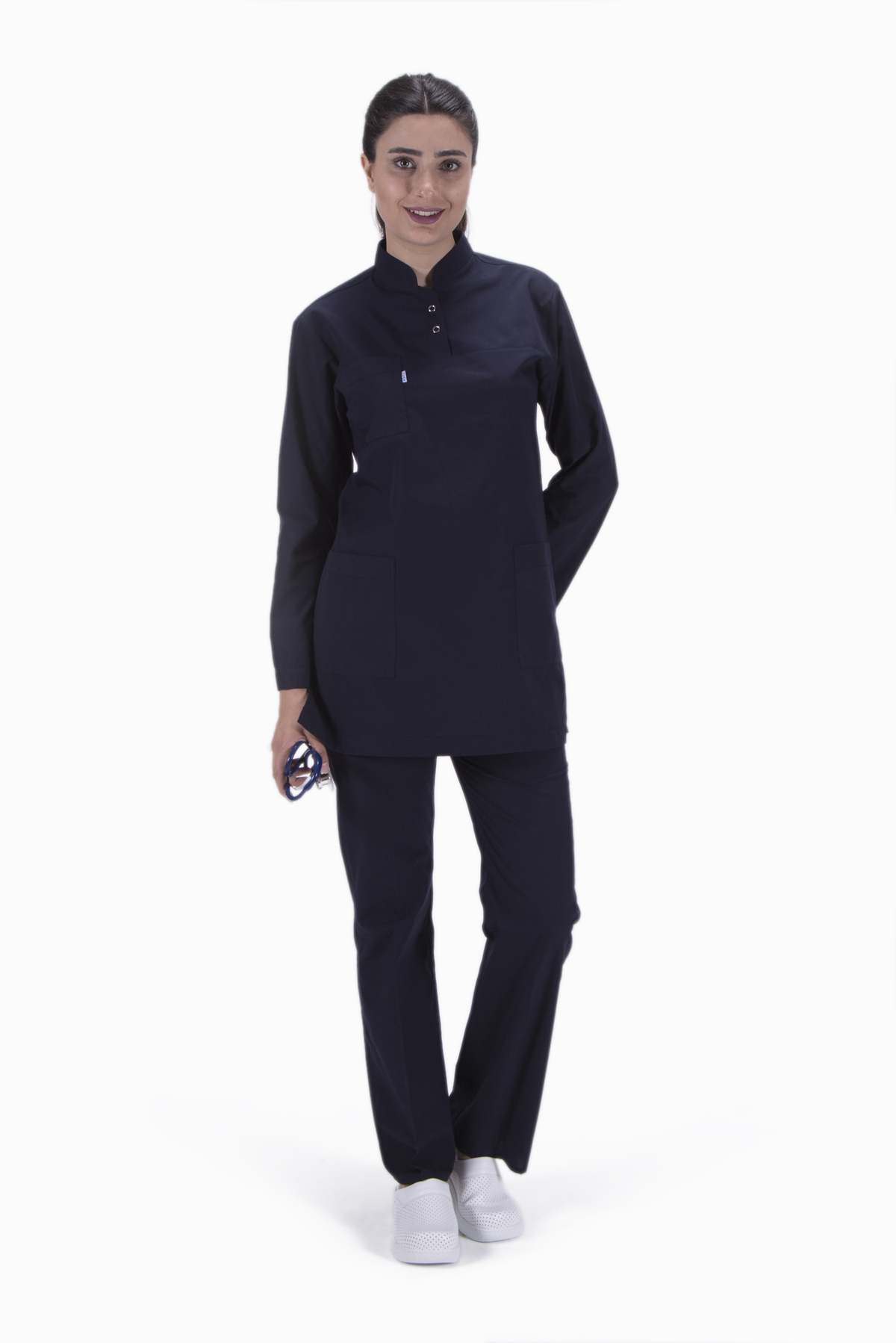 Lacivert Uzun Kollu Hakim Yaka Hemşire Forması 