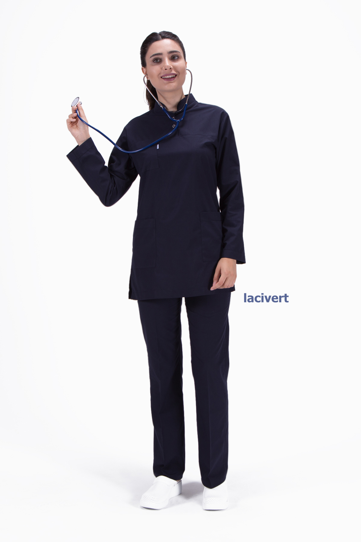 Lacivert Uzun Kollu Hakim Yaka Hemşire Forması 