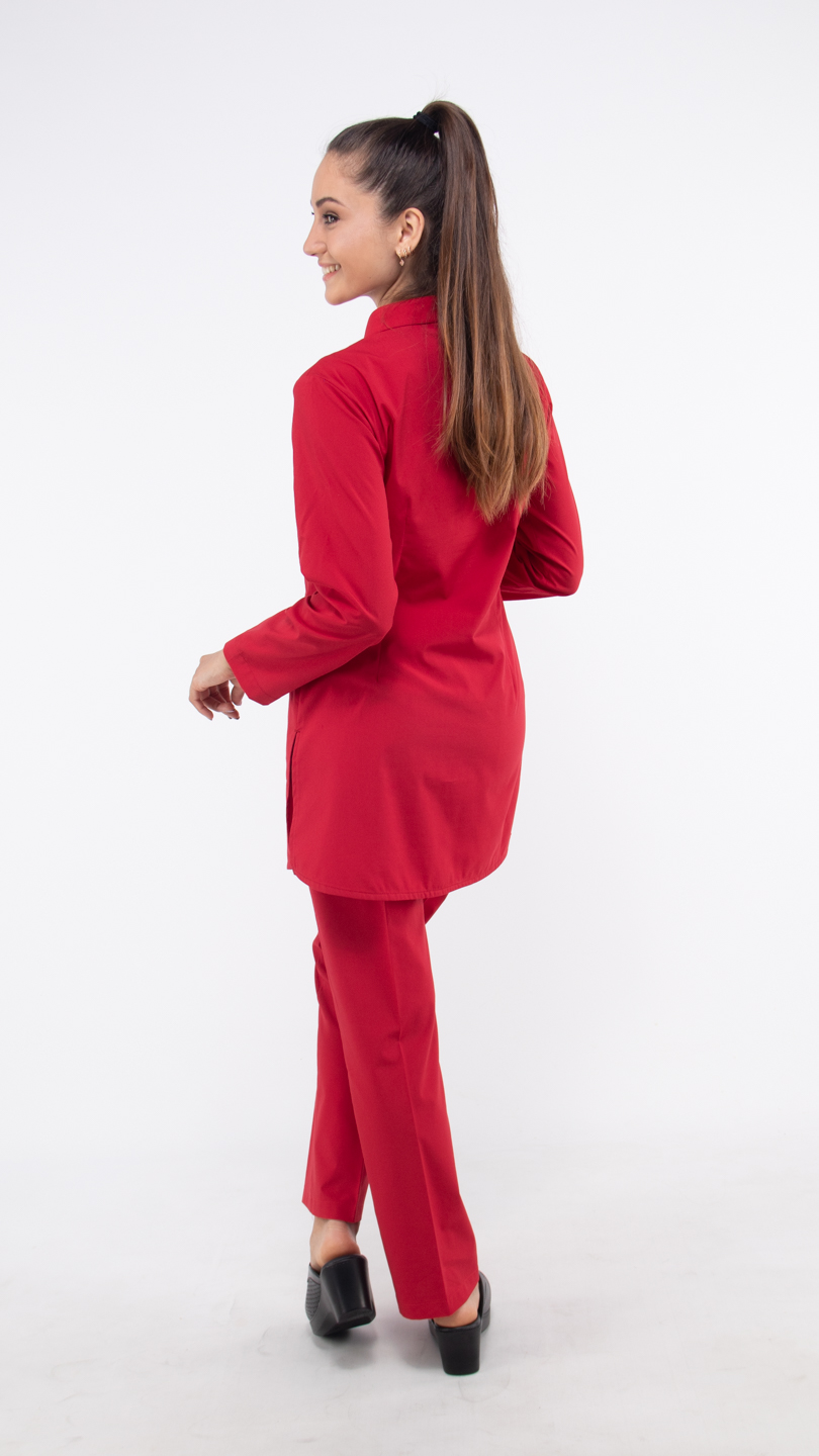 Kırmızı Likralı Uzun Kol Hakim Yaka Hemşire Forması