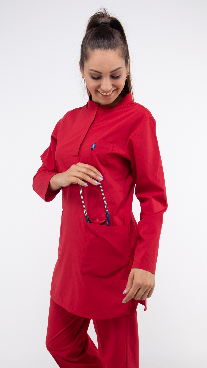 Kırmızı Likralı Uzun Kol Hakim Yaka Hemşire Forması