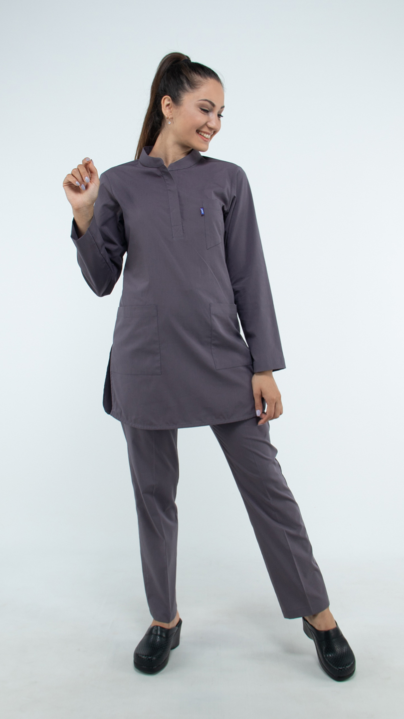 Puslu Gri Likralı Uzun Kol Hakim Yaka Hemşire Forması