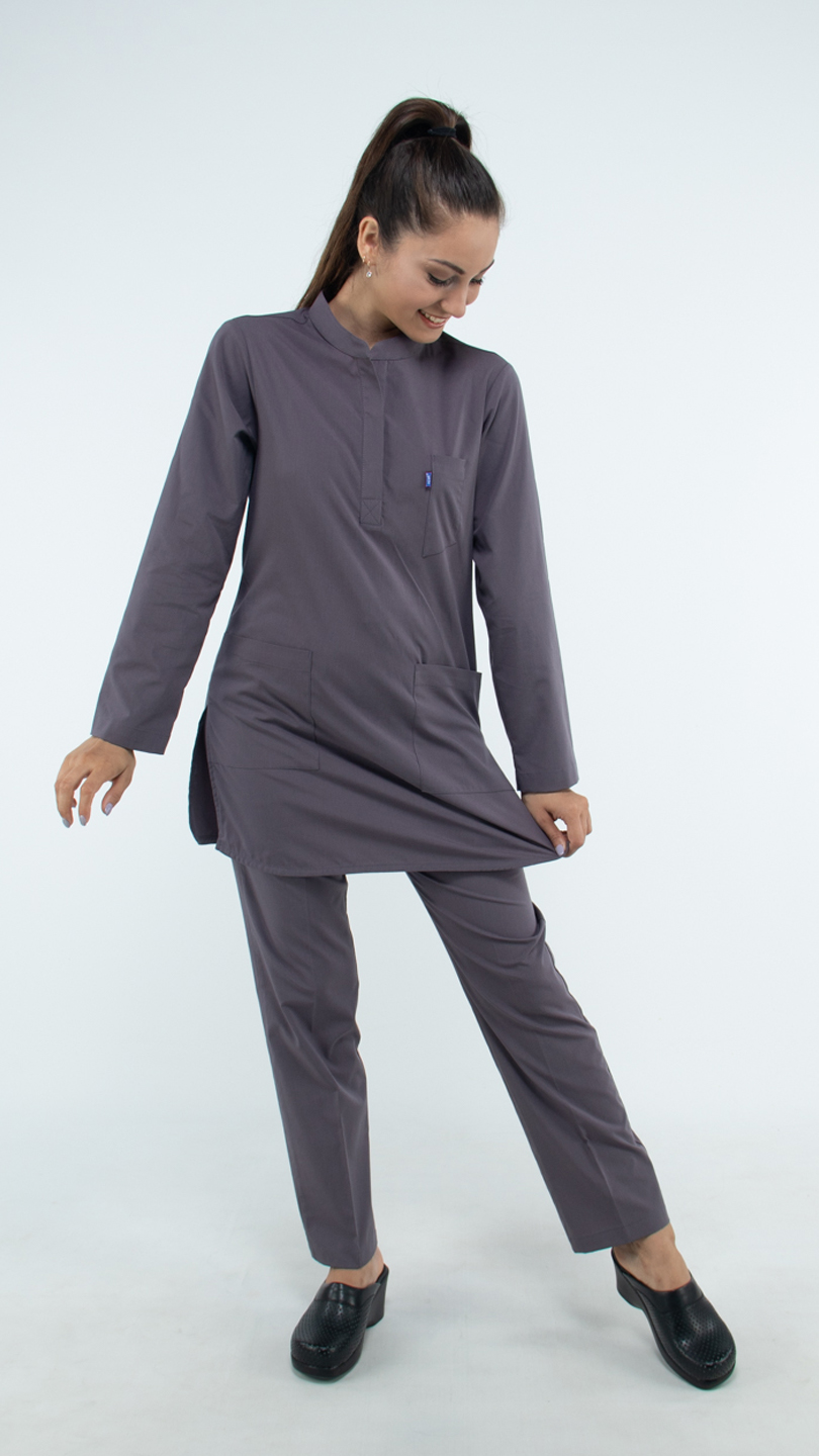 Puslu Gri Likralı Uzun Kol Hakim Yaka Hemşire Forması