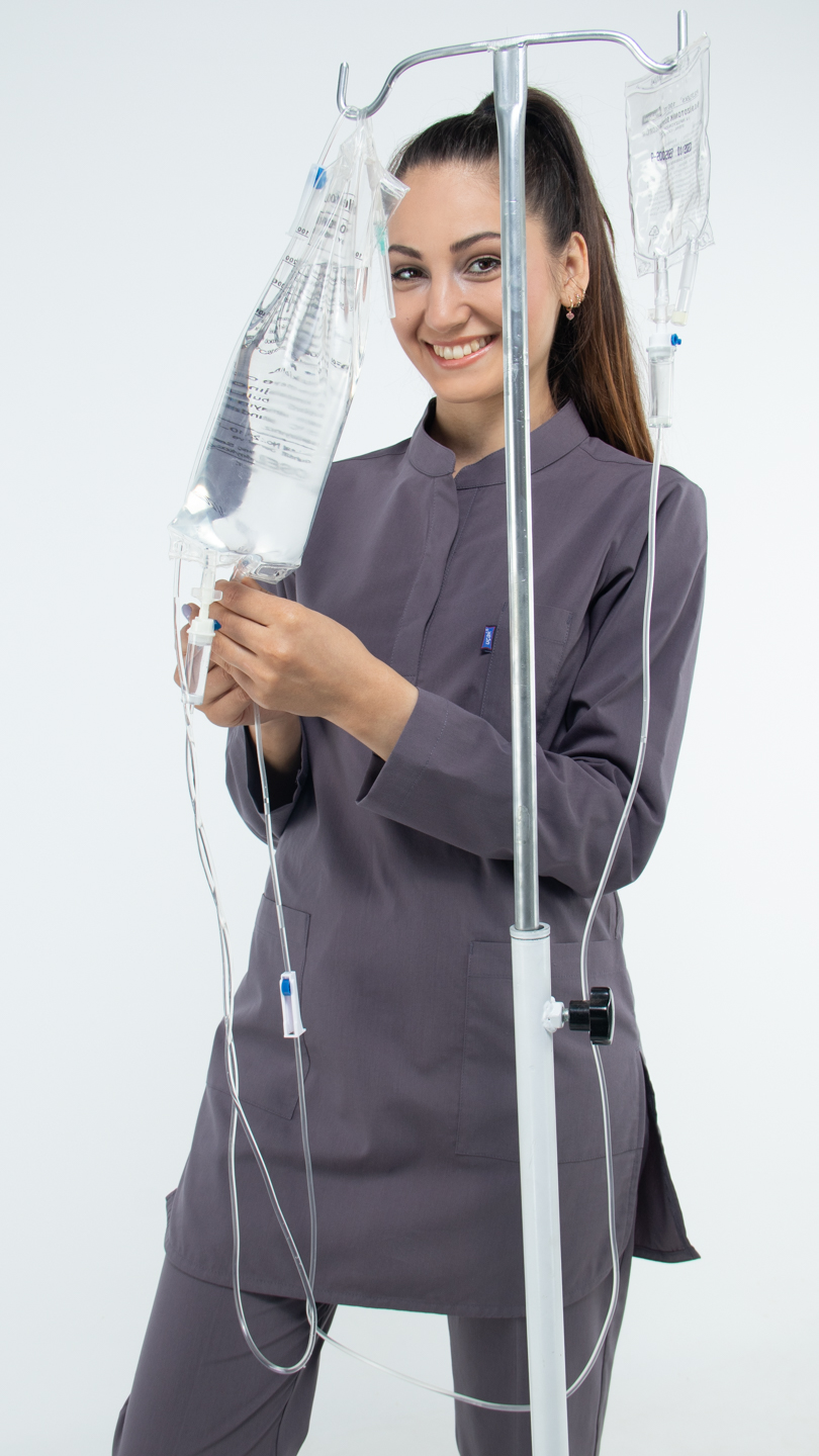 Puslu Gri Likralı Uzun Kol Hakim Yaka Hemşire Forması