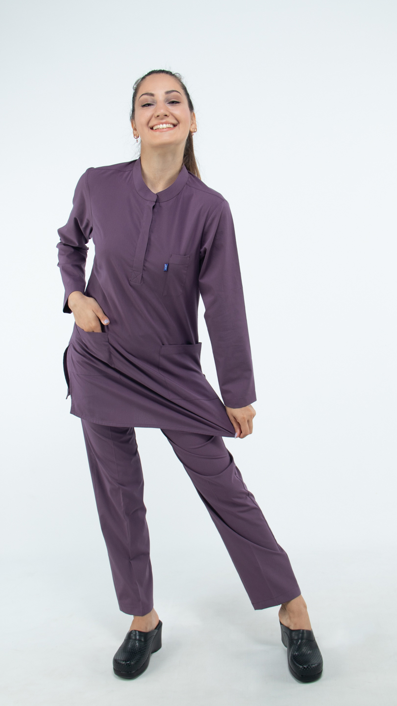 Likralı Uzun Kol Hakim Yaka Hemşire Forması