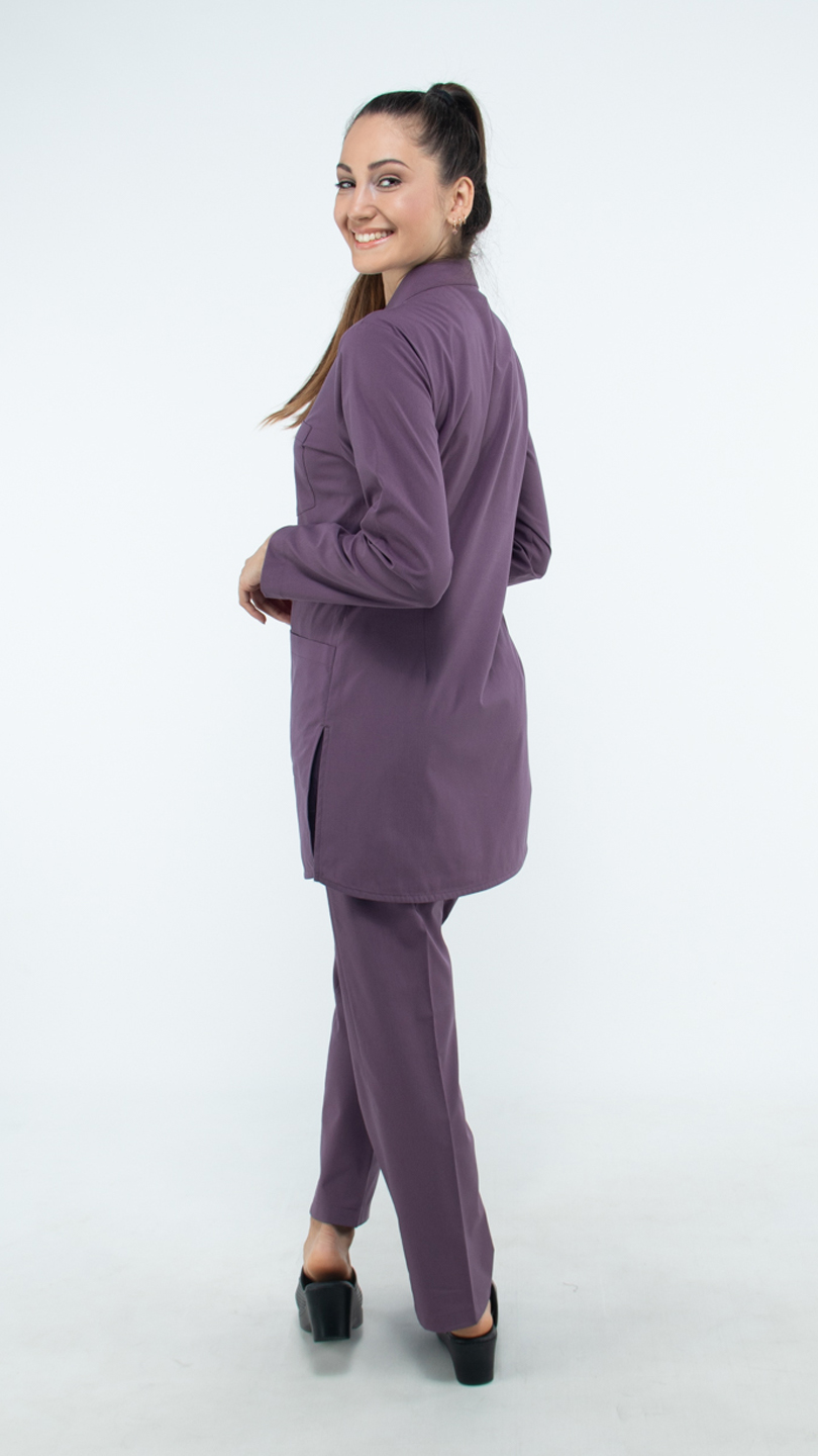 Soft Mürdüm Likralı Uzun Kol Hakim Yaka Hemşire Forması