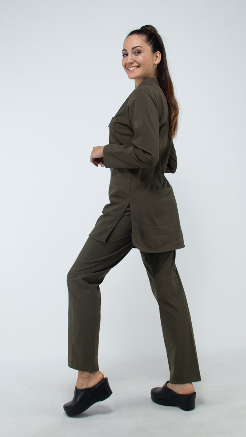 Yağ Yeşili Likralı Uzun Kol Hakim Yaka Hemşire Forması