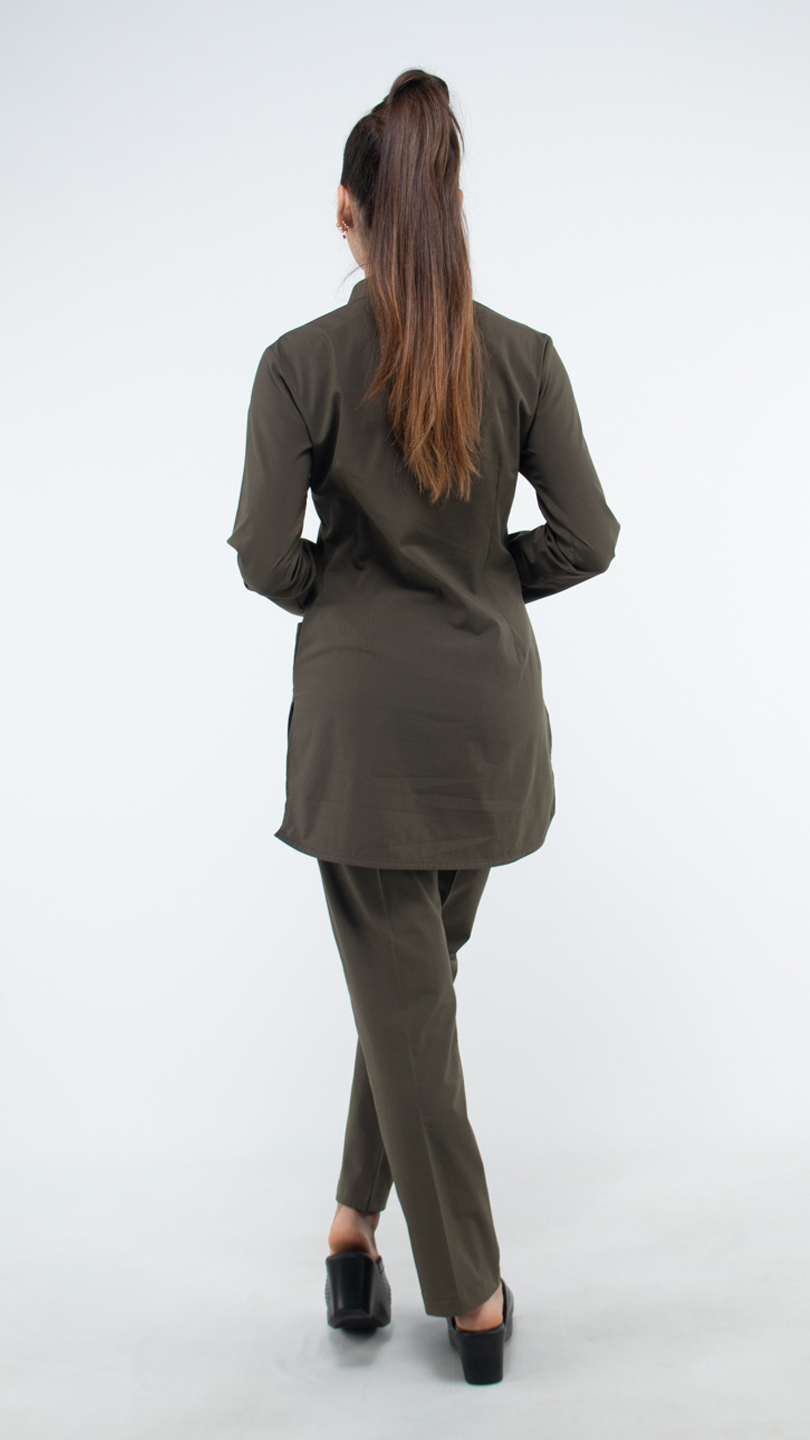 Yağ Yeşili Likralı Uzun Kol Hakim Yaka Hemşire Forması