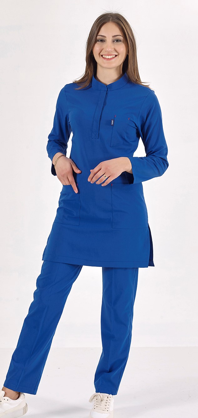 Likralı Uzun Kol Hakim Yaka Hemşire Forması