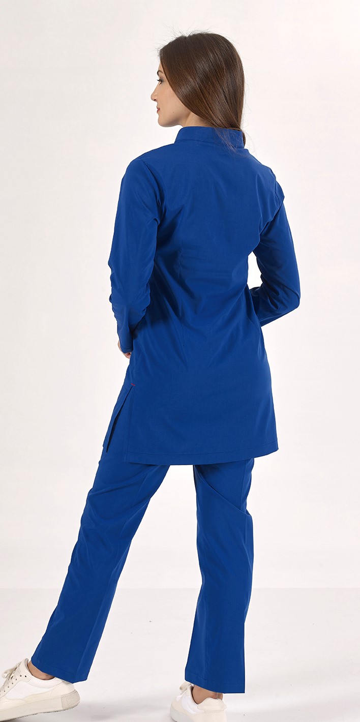 Çivit Mavi Likralı Uzun Kol Hakim Yaka Hemşire Forması