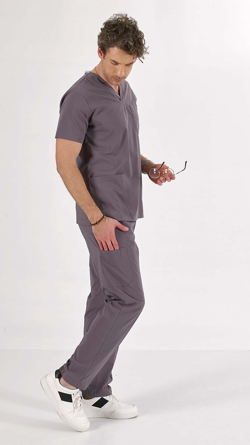 Puslu Gri U-Flex Likralı Scrubs Takım