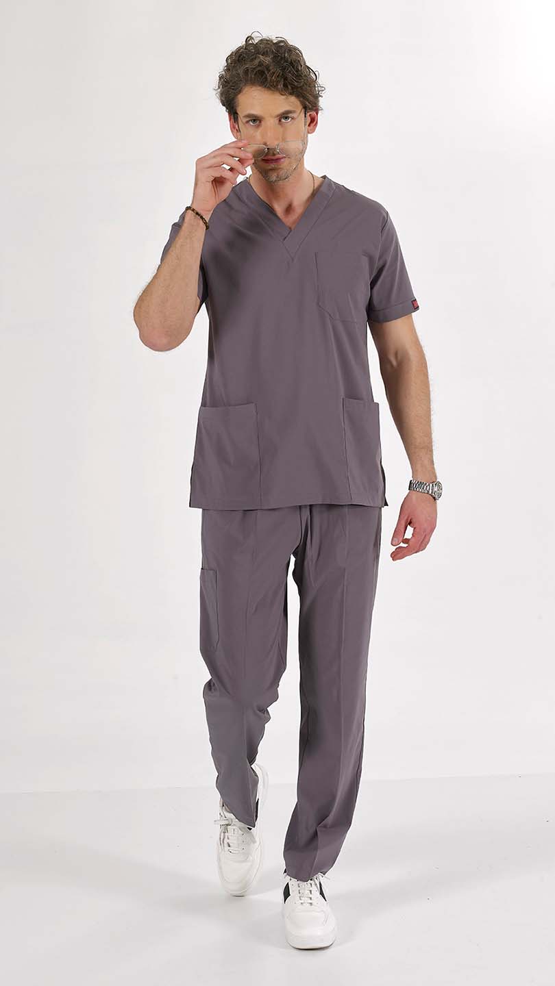 Puslu Gri U-Flex Likralı Scrubs Takım
