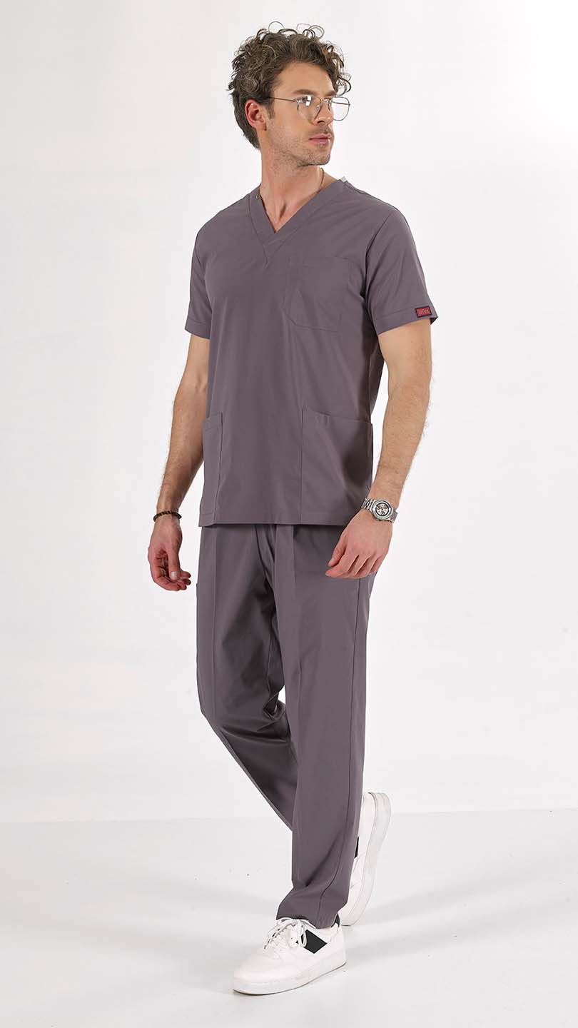 Puslu Gri U-Flex Likralı Scrubs Takım