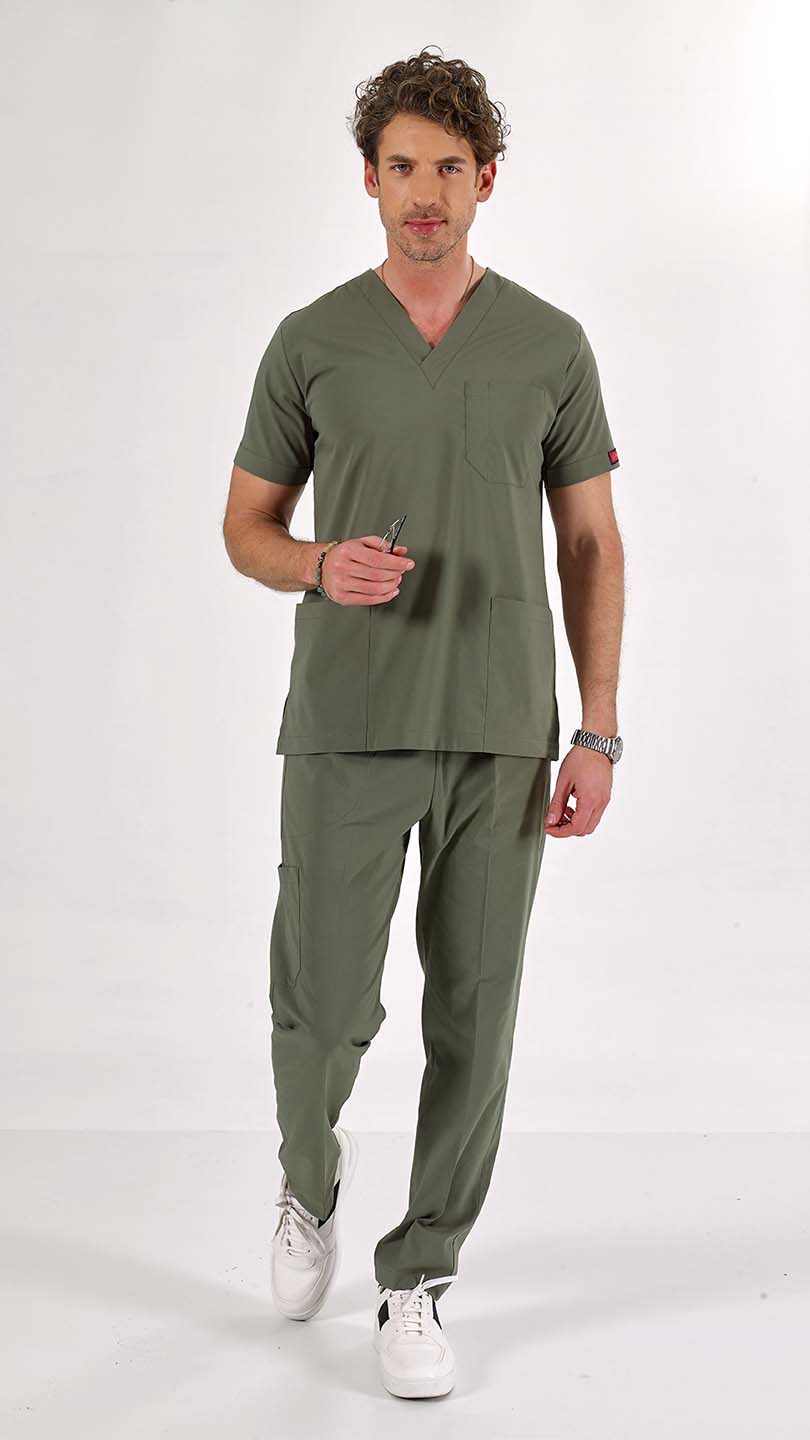 Zeytin Yeşili U-Flex Likralı Scrubs Takım
