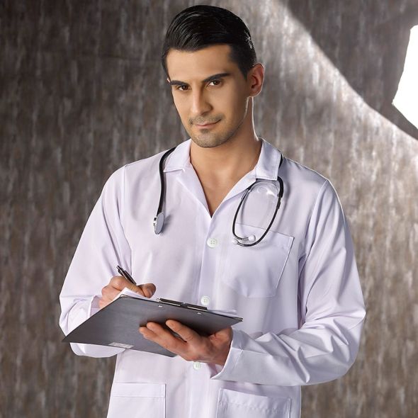 Beyaz Erkek Doktor Düğmeli Klasik Yaka Vizit Önlüğü ( Alpaka Kalın Kumaş)